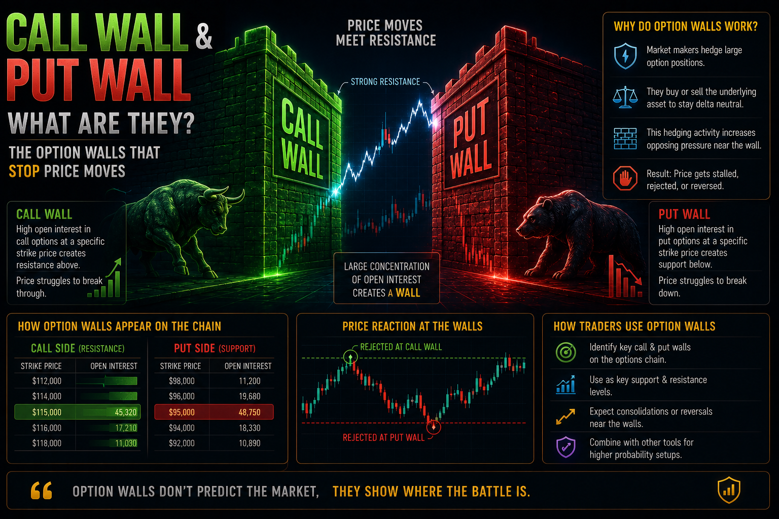 Call Wall و Put Wall چیست؟ دیوارهای آپشن چگونه جلوی حرکت قیمت را می‌گیرند؟