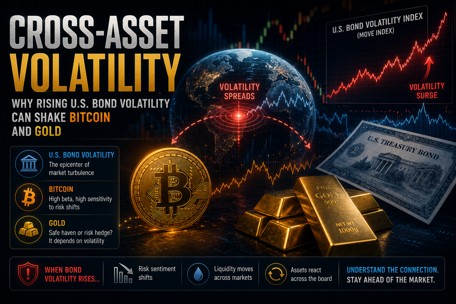 Cross-Asset Volatility؛ چرا افزایش نوسان اوراق آمریکا می‌تواند بیت‌کوین و طلا را تکان دهد؟