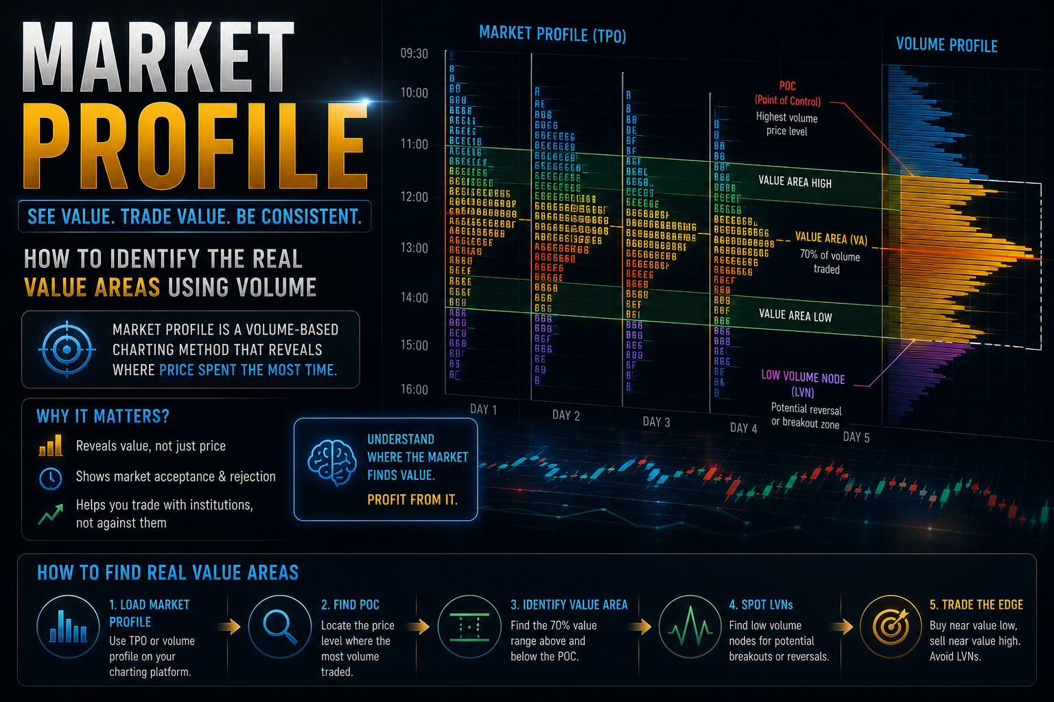 Market Profile چیست؟ چطور نواحی ارزش واقعی بازار را از روی حجم تشخیص دهیم؟