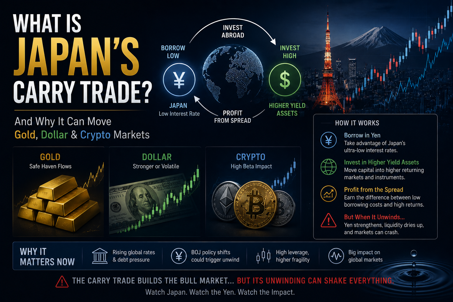 Carry Trade ین ژاپن چیست و چرا می‌تواند بازار طلا، دلار و کریپتو را تکان دهد؟